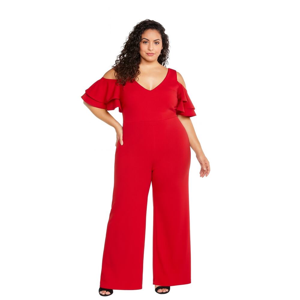 Symphony Red Cold-Shoulder V-Neck Wide-Leg Jumpsuit